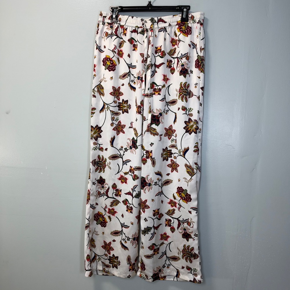 CeCe Womens Floral Wide Leg Satin Pants White Multi Size Medium